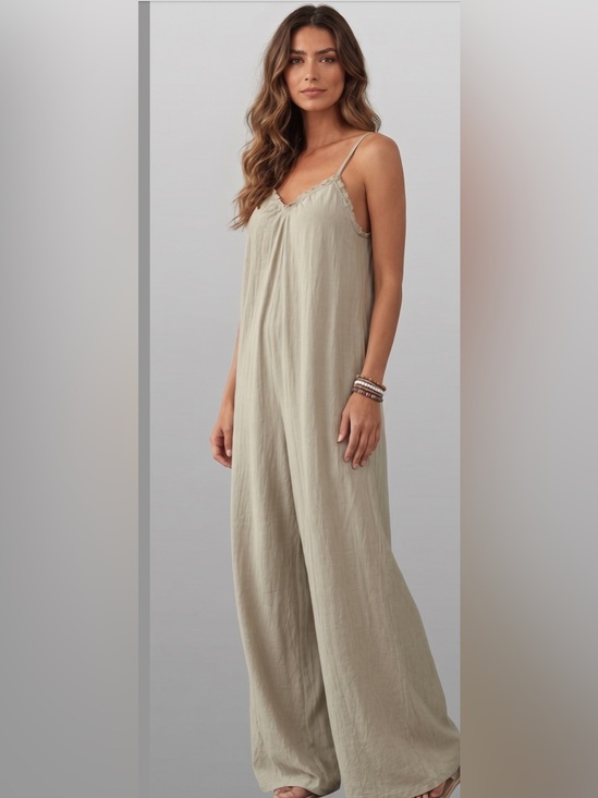 By Design Pants - Boho Ruffle Trim Loose Fitting Wide Leg Jumpsuit